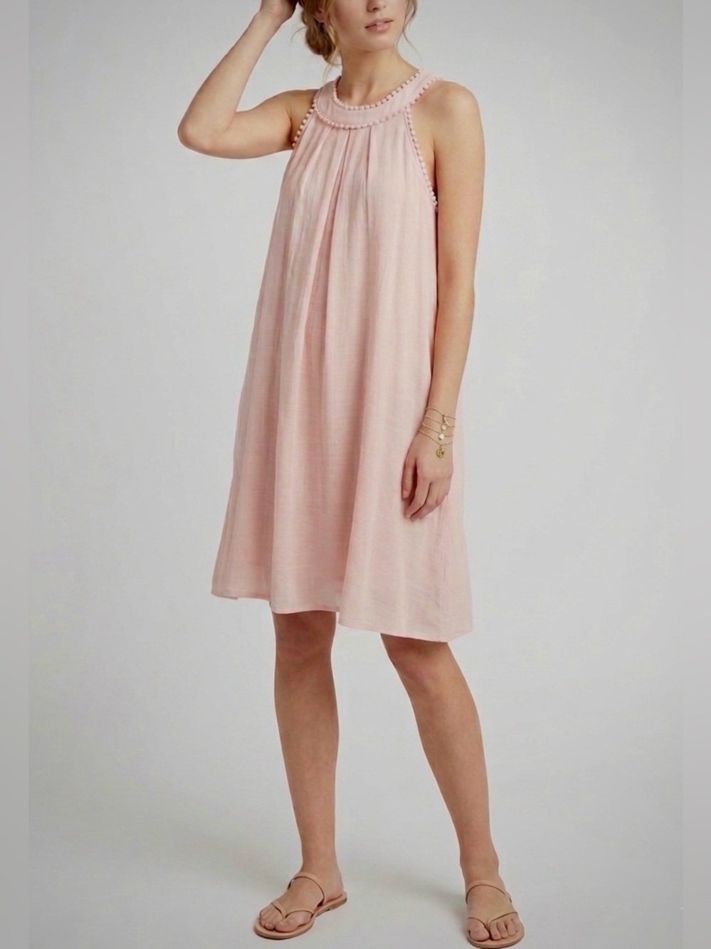 Anthropologie Naïf Soft Pink Pleated Pom Pom Trim Gauze Shift Dress Size S